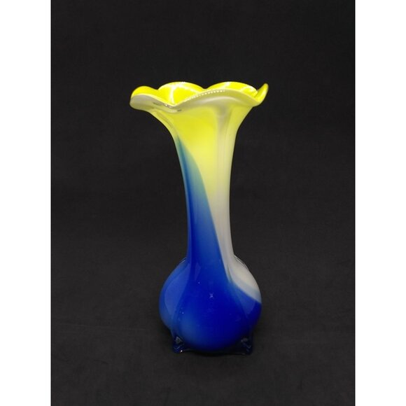 Art glass vase tulip floral style yellow blue swirl Bud Vase 8" - Picture 9 of 12